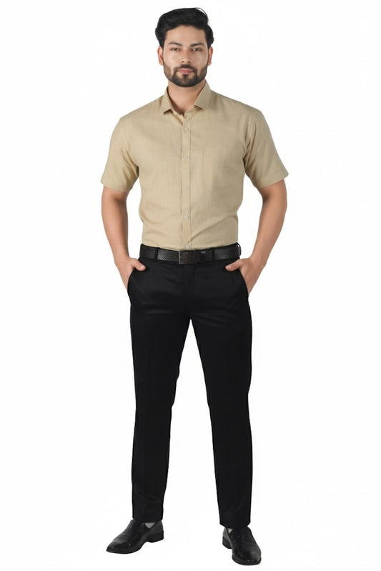 Male model wearing khaki linen half sleeve shirt – classic minimalist look, breathable summer style.