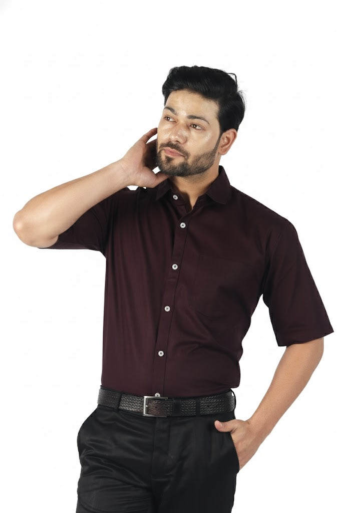 Male model wearing purple linen half sleeve shirt – classic casual look, breathable summer wear.
