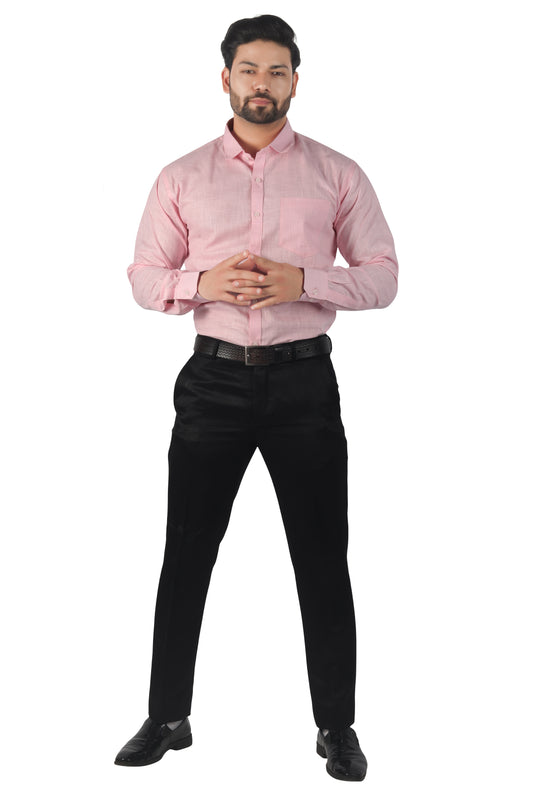 Model wearing men’s pink linen cotton full sleeve shirt