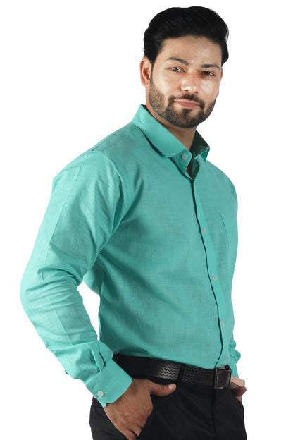 model wearing full sleeve green linen cotton shirt