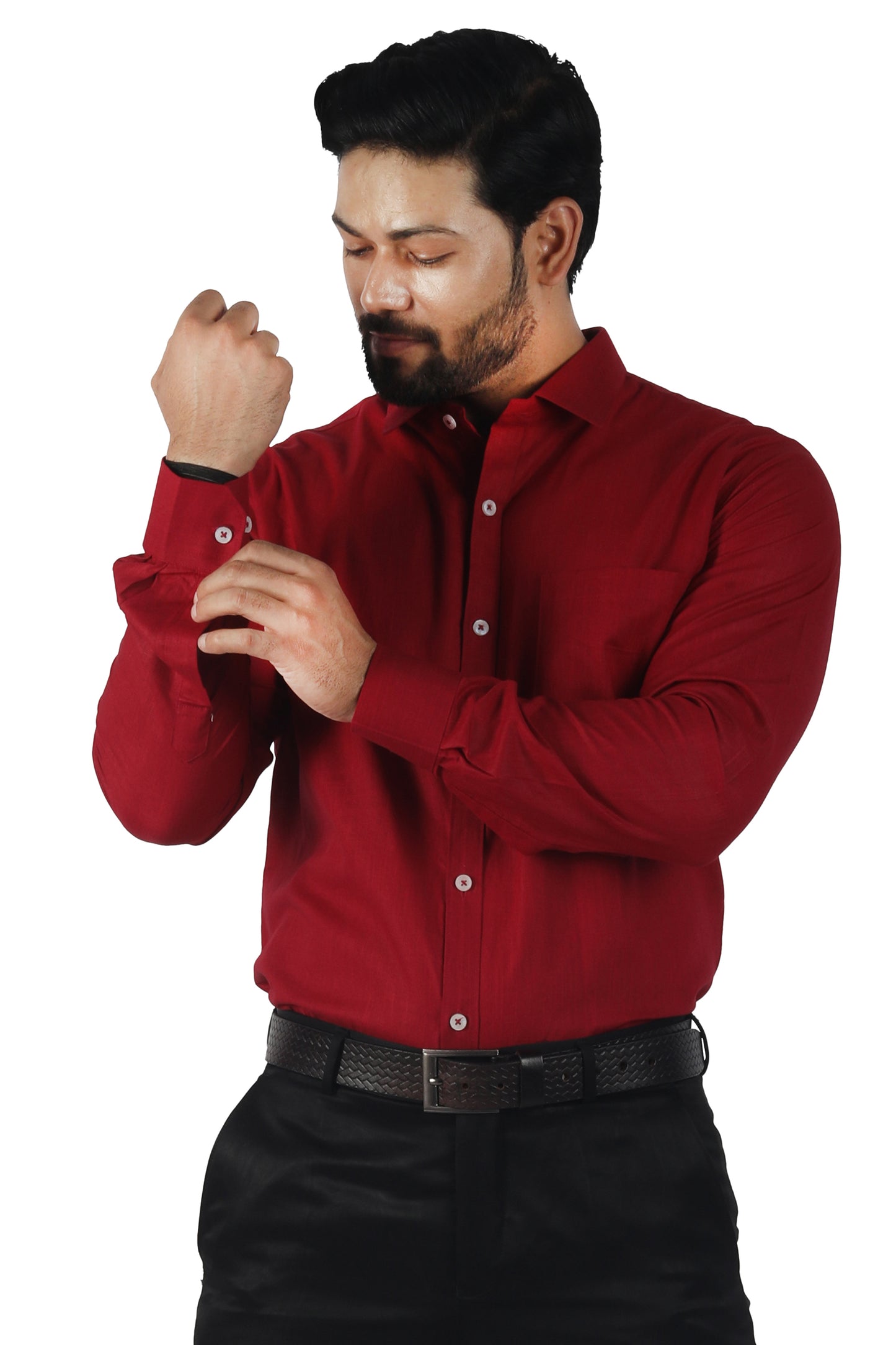 model wearing full sleeve maroon linen cotton shirt