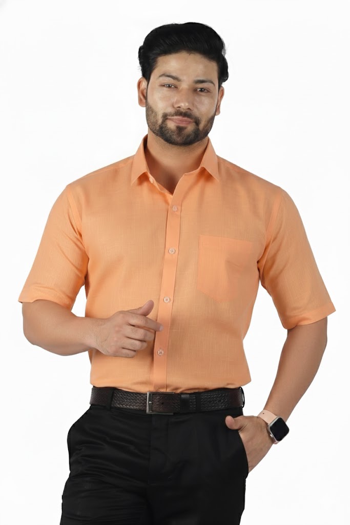 Bright orange half sleeve linen shirt for men with cool, airy comfort.