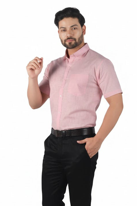 Signature pink linen half sleeve shirt with premium tailoring and subtle elegance — perfect for summer style.