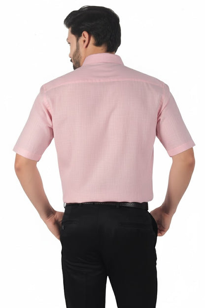 pink linen half sleeve shirt for men with minimalist finish and natural linen texture, ideal for effortless style.