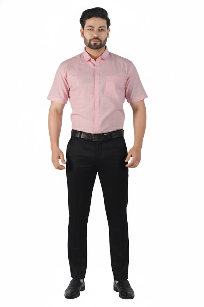 Minimalist pink linen half sleeve men’s shirt made from breathable natural fibers for everyday luxury.