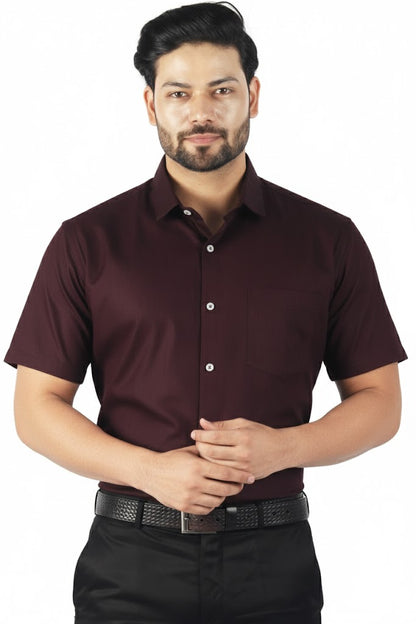 Premium purple linen half sleeve shirt for men – tailored fit, soft natural fabric.