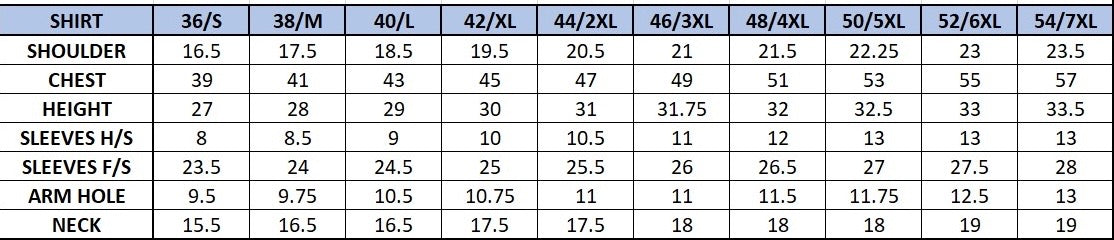 Table displaying shirt size chart of BBM Mills with measurements for shoulders, chest, height, sleeves, and armhole.
