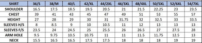 Table displaying shirt size chart of BBM Mills with measurements for shoulders, chest, height, sleeves, and armhole.