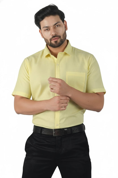 Elegant yellow linen shirt for men, half sleeves, tailored for everyday comfort.