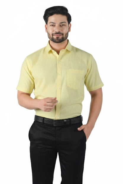 Premium men’s yellow linen shirt, half sleeves, natural texture, perfect for casual wear.