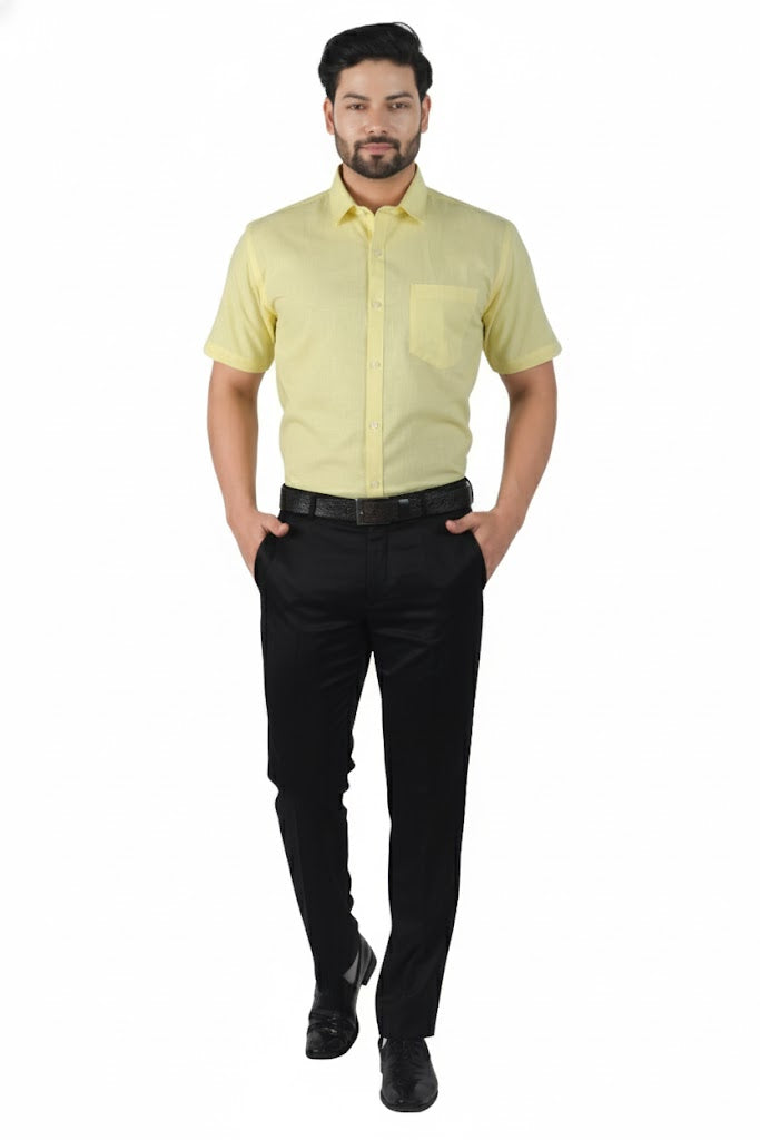 Soft yellow linen shirt for men, half sleeves, breathable and perfect for summer.