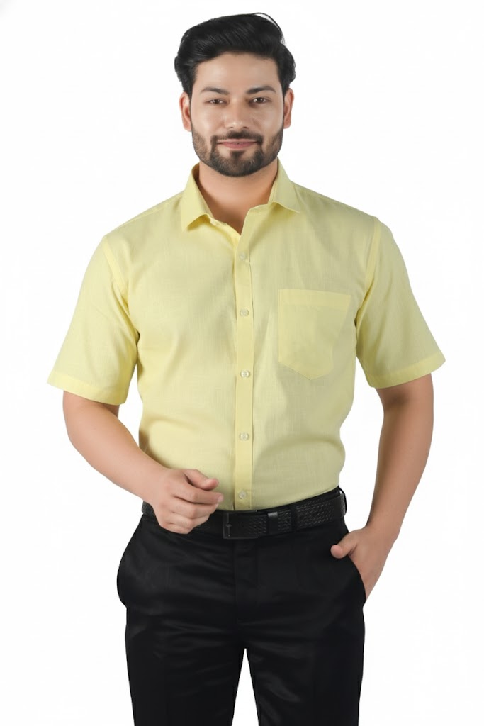 Premium men’s yellow linen shirt, half sleeves, natural texture, perfect for casual wear.